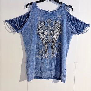 Liberty Blue Cold Shoulder Tee with Wing Graphic
